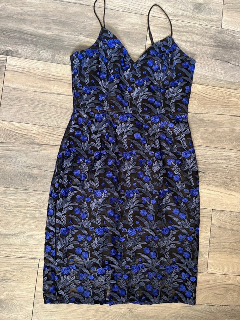 Minuet  Black Slip Dress with Blue Floral Embroidery